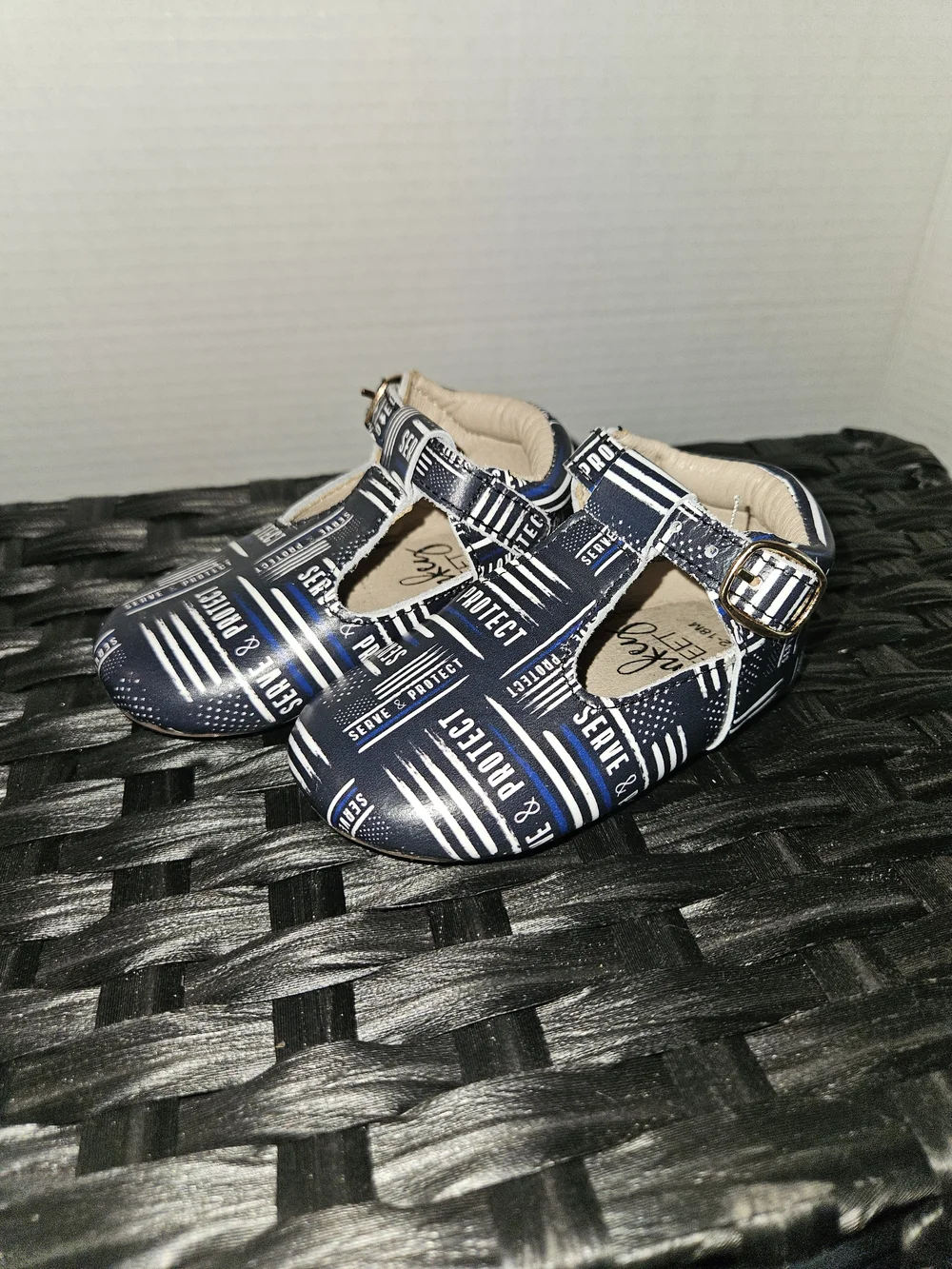 Monkey Feet Navy & White Law & Enforcement Patterned T-Bar Walker Shoes